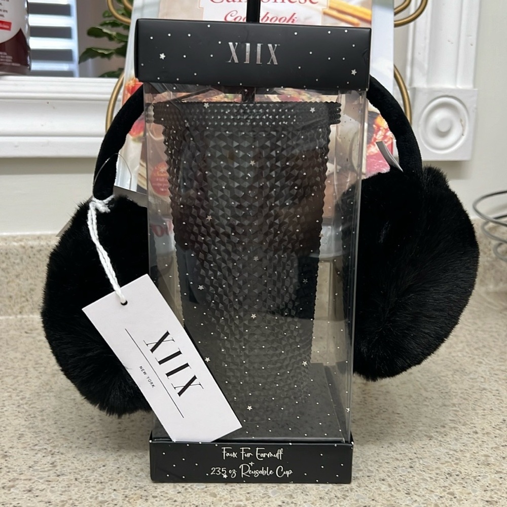 Faux Fur Ear Muffs and Fancy 23.5 Oz Reusable Cup with straw NWT in Black